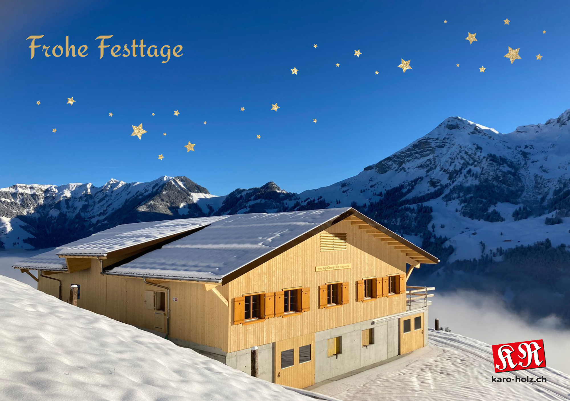 Weihnachtskarte 2025_Alpstall im Schnee